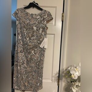 Calvin Klein Silver Sheath Midi Dress with Cap Sleeves